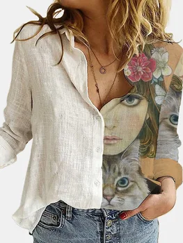 Свободная женская рубашка с портретом милого кота в стиле ретро, повседневный кардиган на пуговицах, Осенняя модная женская блузка, футболки Ropa De Mujer